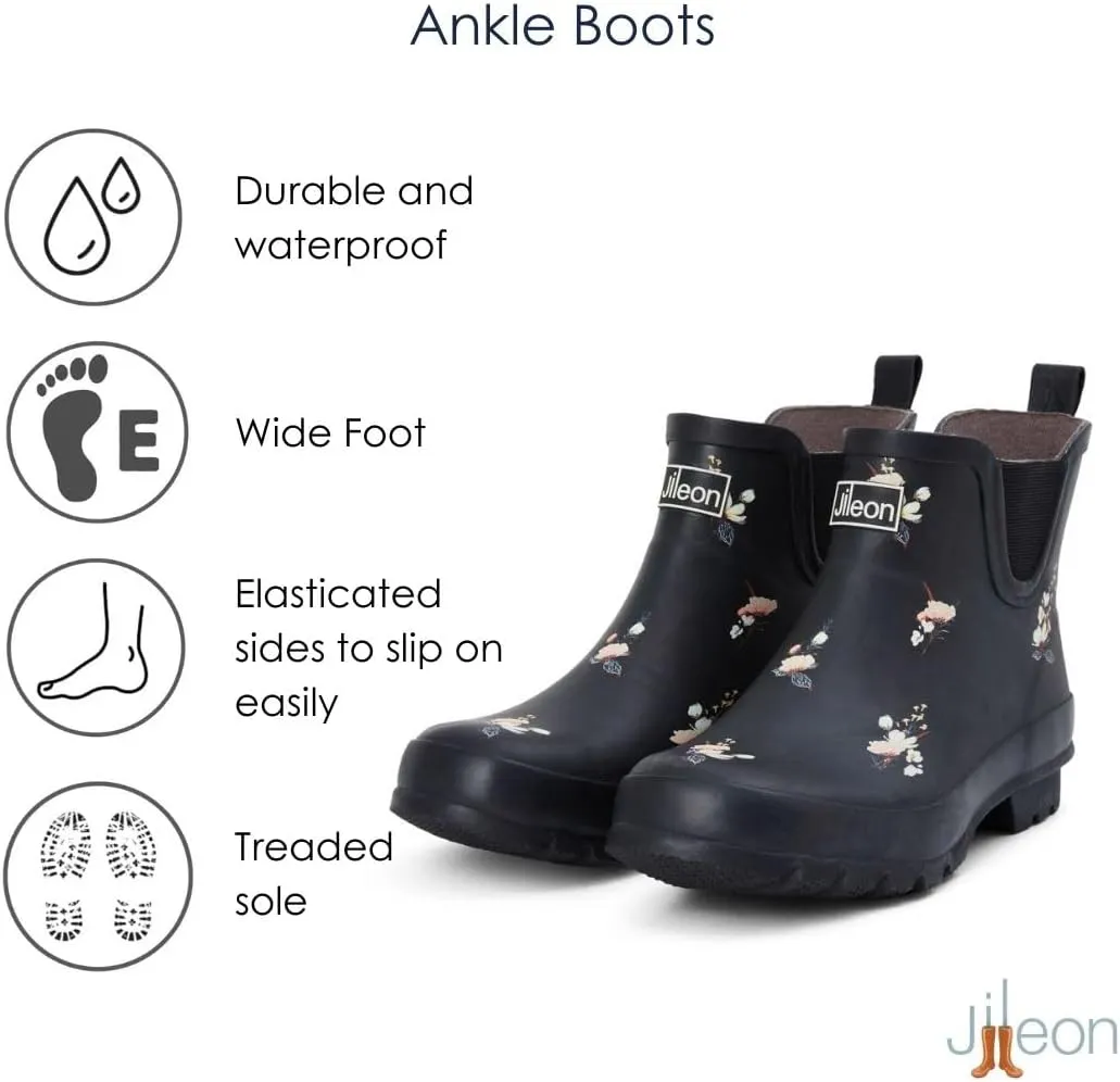 Jileon Womens Ankle Height Waterproof Rubber Rain Boots - Designed For Wide Feet & Wide Calves - Easy to Slip on and Off