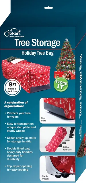 Jokari Decorative Protective 9ft Christmas Tree Storage Bag for Pre Lit or Unlit Artificial Holiday Trees Up To 9 Feet Tall with Wheels and Sled Plate for Easy Transport Up and Down Stairs or Ladders