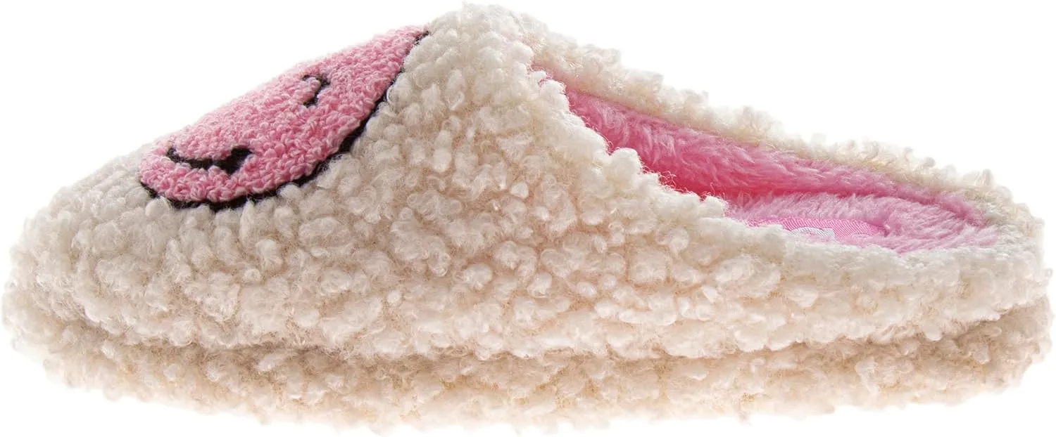 Josmo Girls Smiley Face Fur Slides - Cozy Fluffy Indoor Slippers