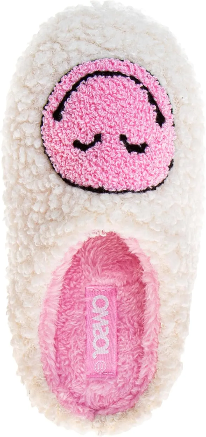 Josmo Girls Smiley Face Fur Slides - Cozy Fluffy Indoor Slippers