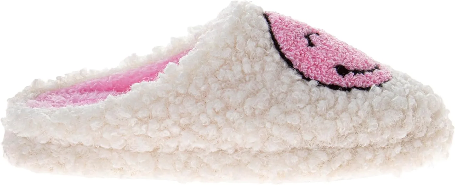 Josmo Girls Smiley Face Fur Slides - Cozy Fluffy Indoor Slippers