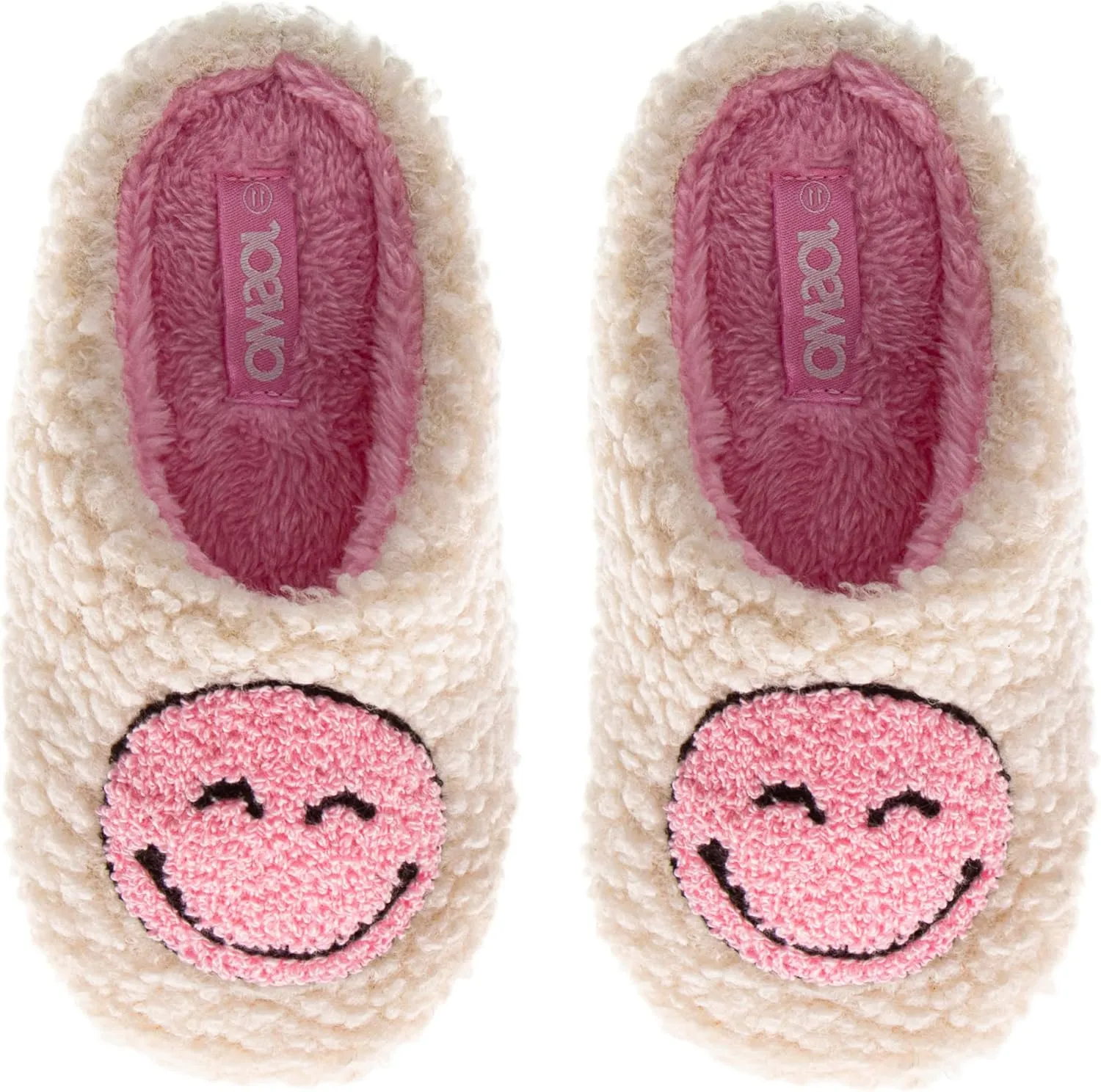 Josmo Girls Smiley Face Fur Slides - Cozy Fluffy Indoor Slippers