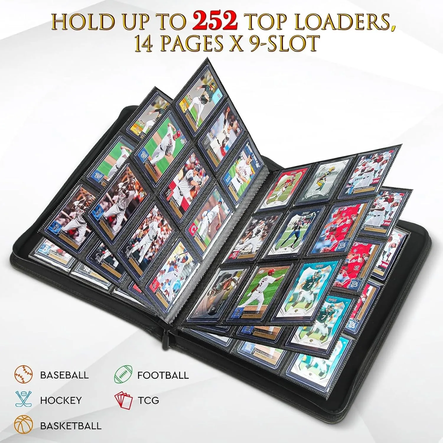 JoyHood Top Loader Binder, Holds 252 Top Loaders, 9 Slot Trading Cards Collection Binder with Sleeves, Top Loader Storage Holder for Sports Card, Not for Cards WITHOUT a Top Loader, Black