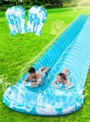 JOYIN 22.5FT Water Slide and 2 Inflatable Boards, Extra Long Heavy Duty Double Lawn Waterslide with Sprinkler for Kids Adults Backyard Summer Water Toy Outdoor Fun, Blue, Light Blue