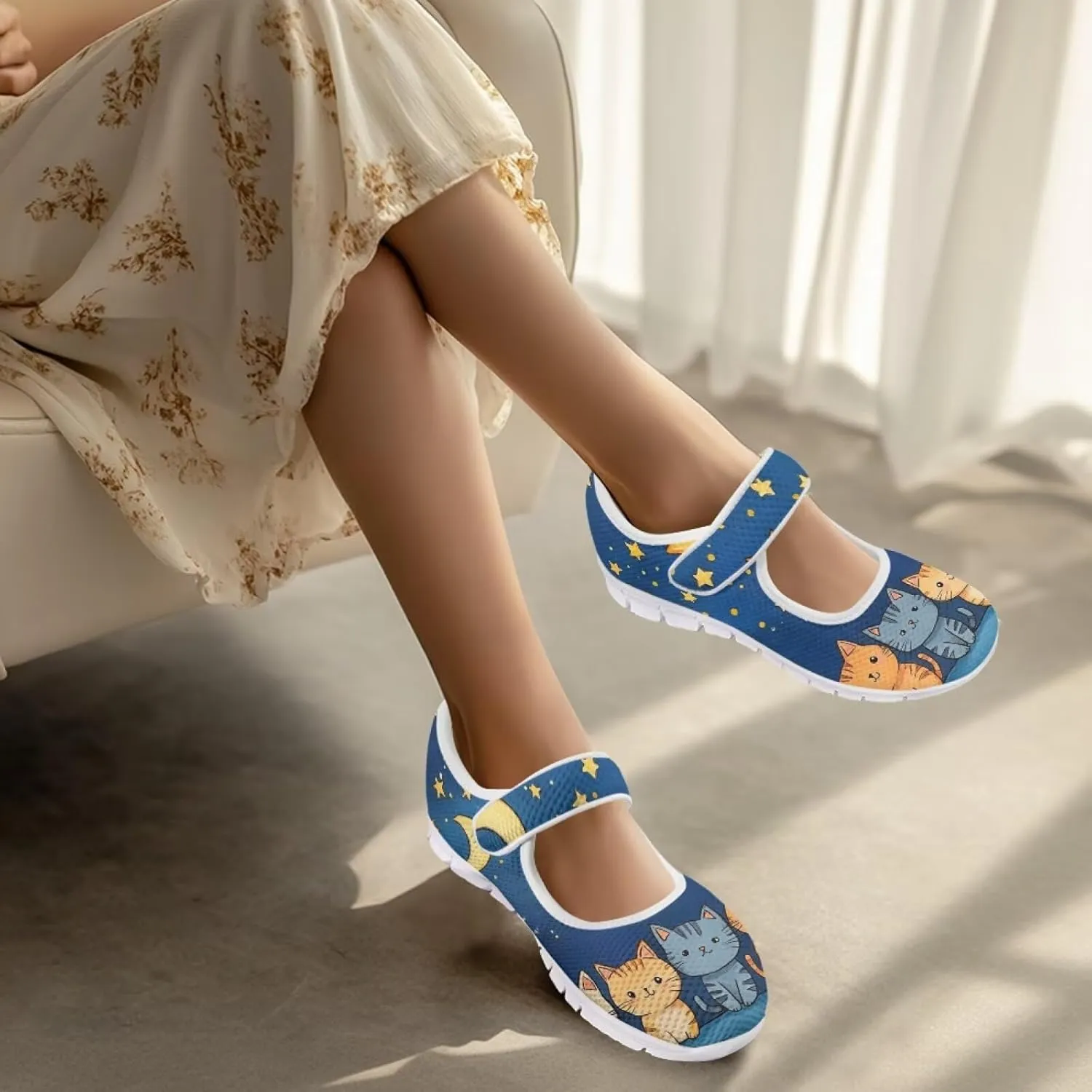 JoyLamoria Cartoon Cat Slip on Walking Shoes Women s Mary Jane Flats,Breathable Comfort Low Heel Slip-on Barefoor Diabeti Shoes