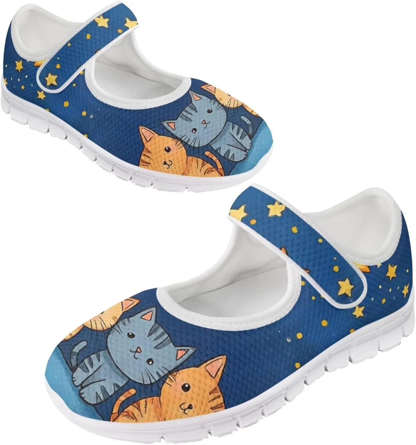 JoyLamoria Cartoon Cat Slip on Walking Shoes Women s Mary Jane Flats,Breathable Comfort Low Heel Slip-on Barefoor Diabeti Shoes