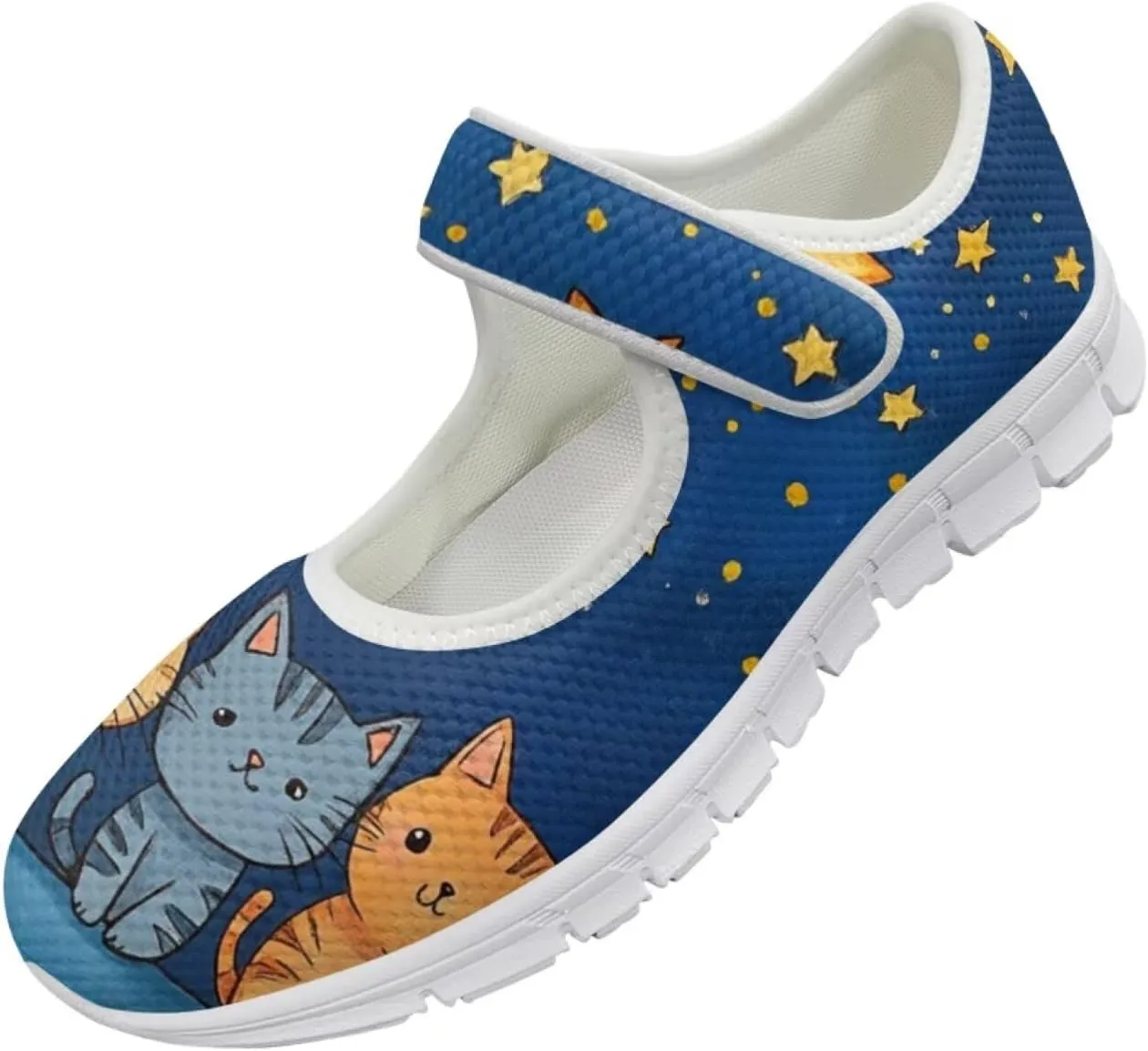JoyLamoria Cartoon Cat Slip on Walking Shoes Women s Mary Jane Flats,Breathable Comfort Low Heel Slip-on Barefoor Diabeti Shoes