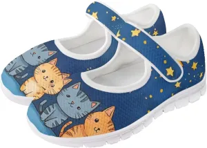 JoyLamoria Cartoon Cat Slip on Walking Shoes Women s Mary Jane Flats,Breathable Comfort Low Heel Slip-on Barefoor Diabeti Shoes
