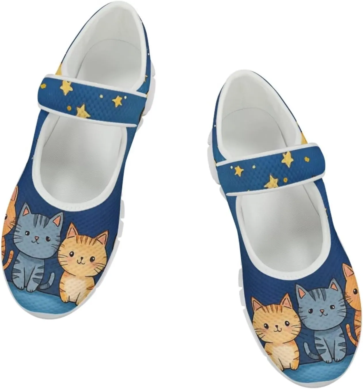 JoyLamoria Cartoon Cat Slip on Walking Shoes Women s Mary Jane Flats,Breathable Comfort Low Heel Slip-on Barefoor Diabeti Shoes