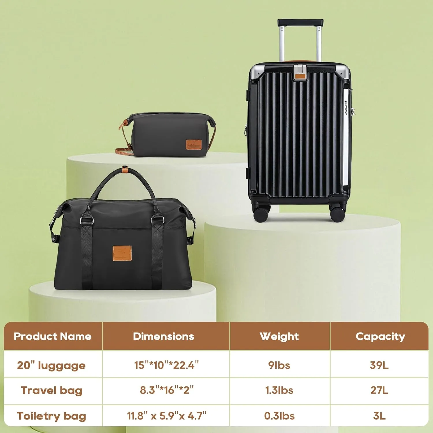 Joyway 20in Carry On Luggage with Cup Holder and USB Port, 25% Expandable Capacity, Smart Suitcase with Anti Slip Wheels and Handbag, Perfect for Men and Women 3 Piece Set Black