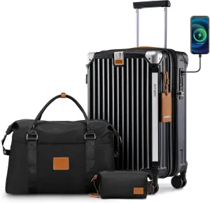 Joyway 20in Carry On Luggage with Cup Holder and USB Port, 25% Expandable Capacity, Smart Suitcase with Anti Slip Wheels and Handbag, Perfect for Men and Women 3 Piece Set Black