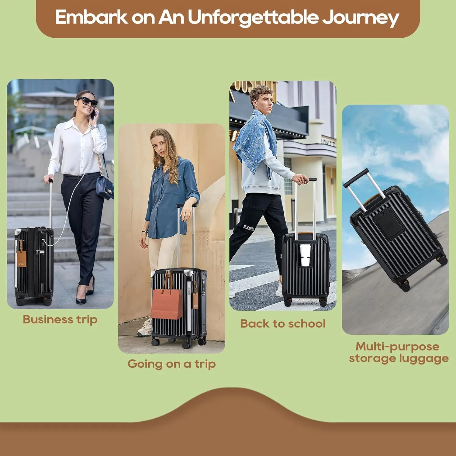 Joyway 20in Carry On Luggage with Cup Holder and USB Port, 25% Expandable Capacity, Smart Suitcase with Anti Slip Wheels and Handbag, Perfect for Men and Women 3 Piece Set Black