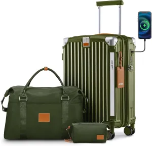 Joyway 20in Carry On Luggage with Cup Holder and USB Port, 25% Expandable Capacity, Smart Suitcase with Anti Slip Wheels and Handbag, Perfect for Men and Women 3 Piece Set DarkGreen
