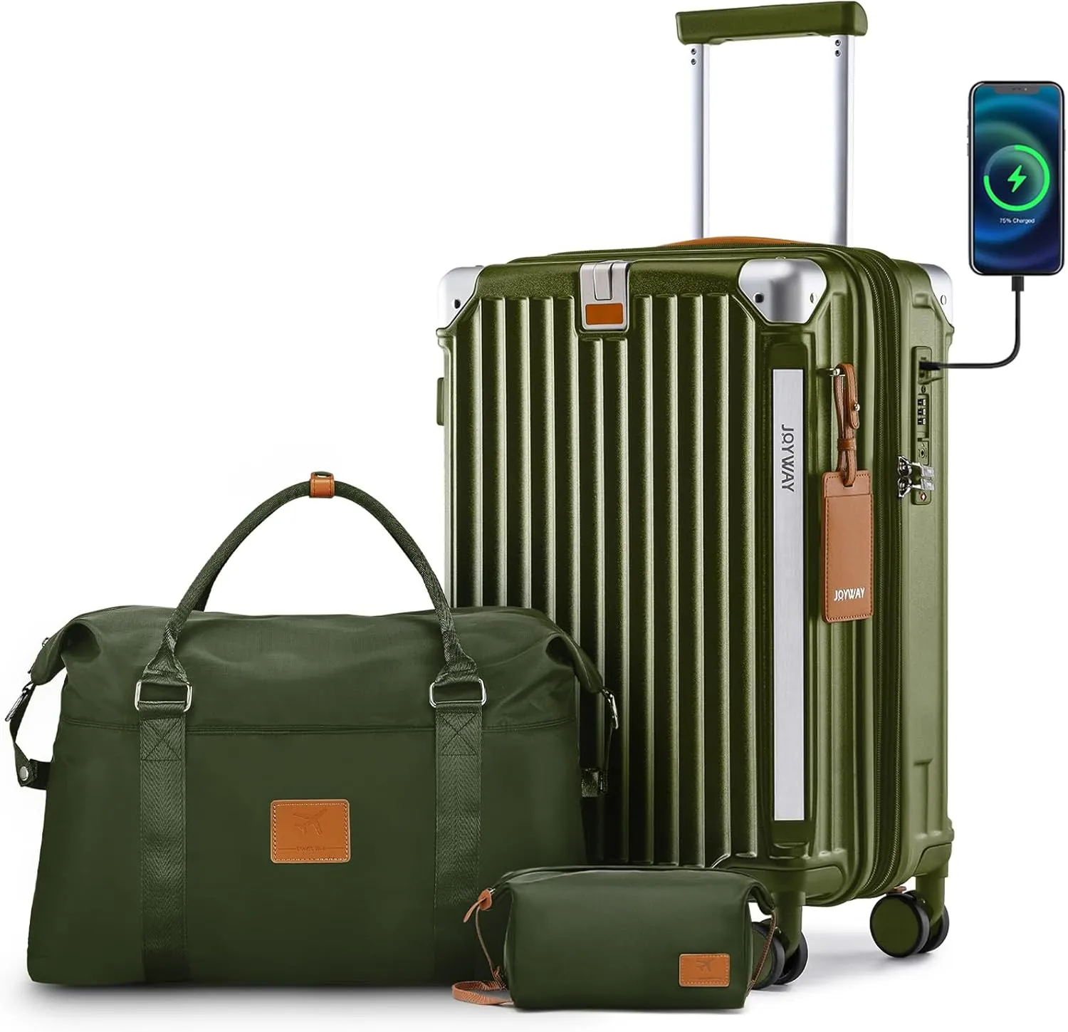 Joyway 20in Carry On Luggage with Cup Holder and USB Port, 25% Expandable Capacity, Smart Suitcase with Anti Slip Wheels and Handbag, Perfect for Men and Women 3 Piece Set DarkGreen