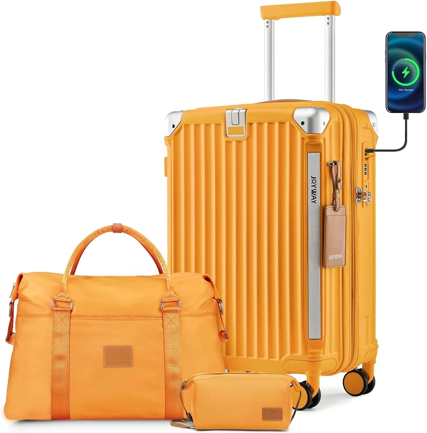Joyway 20in Carry On Luggage with Cup Holder and USB Port, 25% Expandable Capacity, Smart Suitcase with Anti Slip Wheels and Handbag, Perfect for Men and Women 3 Piece Set Orange