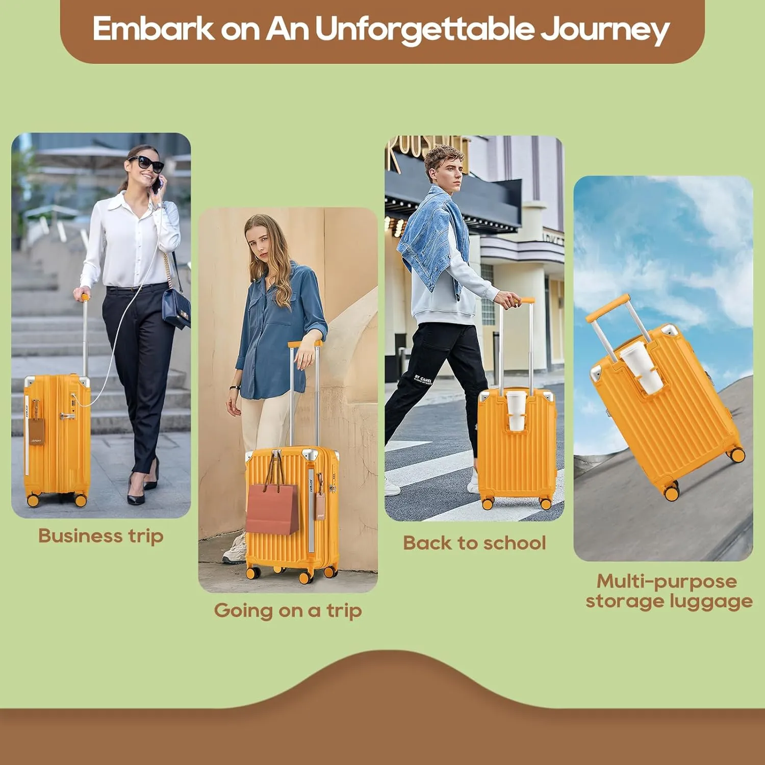 Joyway 20in Carry On Luggage with Cup Holder and USB Port, 25% Expandable Capacity, Smart Suitcase with Anti Slip Wheels and Handbag, Perfect for Men and Women 3 Piece Set Orange