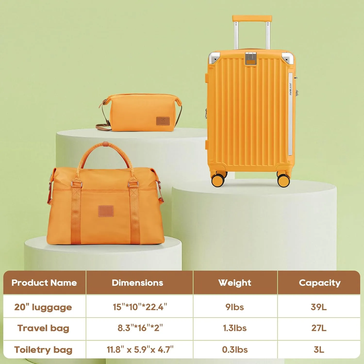 Joyway 20in Carry On Luggage with Cup Holder and USB Port, 25% Expandable Capacity, Smart Suitcase with Anti Slip Wheels and Handbag, Perfect for Men and Women 3 Piece Set Orange
