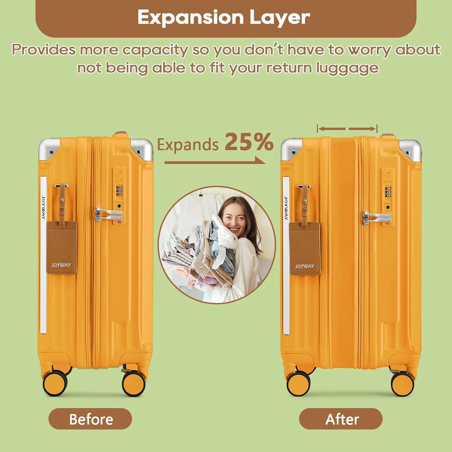 Joyway 20in Carry On Luggage with Cup Holder and USB Port, 25% Expandable Capacity, Smart Suitcase with Anti Slip Wheels and Handbag, Perfect for Men and Women 3 Piece Set Orange