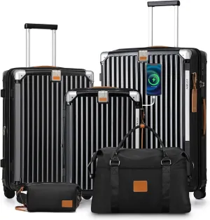 Joyway 5 Piece Luggage Set - Expandable 25%, Anti - Slip Wheels, Cup Holder, TSA Locks, Handbag Included - Ideal for Men & Women's Travel, Black