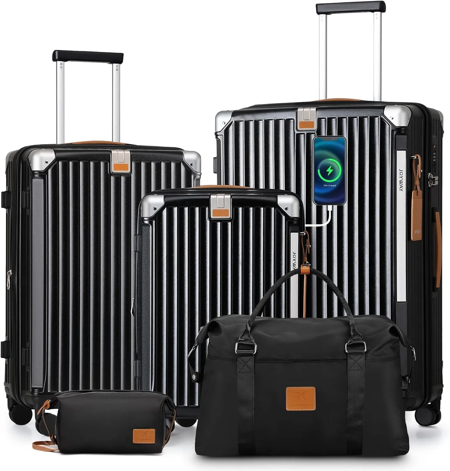 Joyway 5 Piece Luggage Set - Expandable 25%, Anti - Slip Wheels, Cup Holder, TSA Locks, Handbag Included - Ideal for Men & Women's Travel, Black