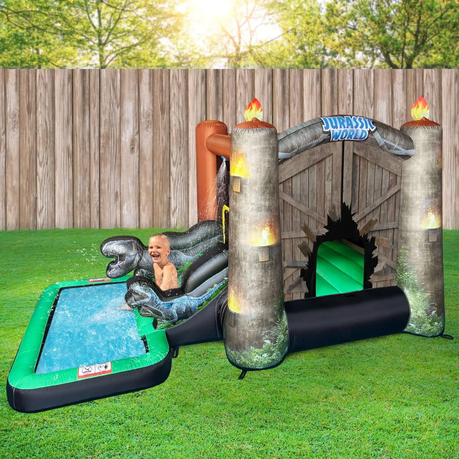 Jurassic World Dinosaur Bounce House Water Slide with Pool, Indoor Outdoor Bouncy Castle with Ball Pit, Air Blower with GFCI for Kids Ages 3-8