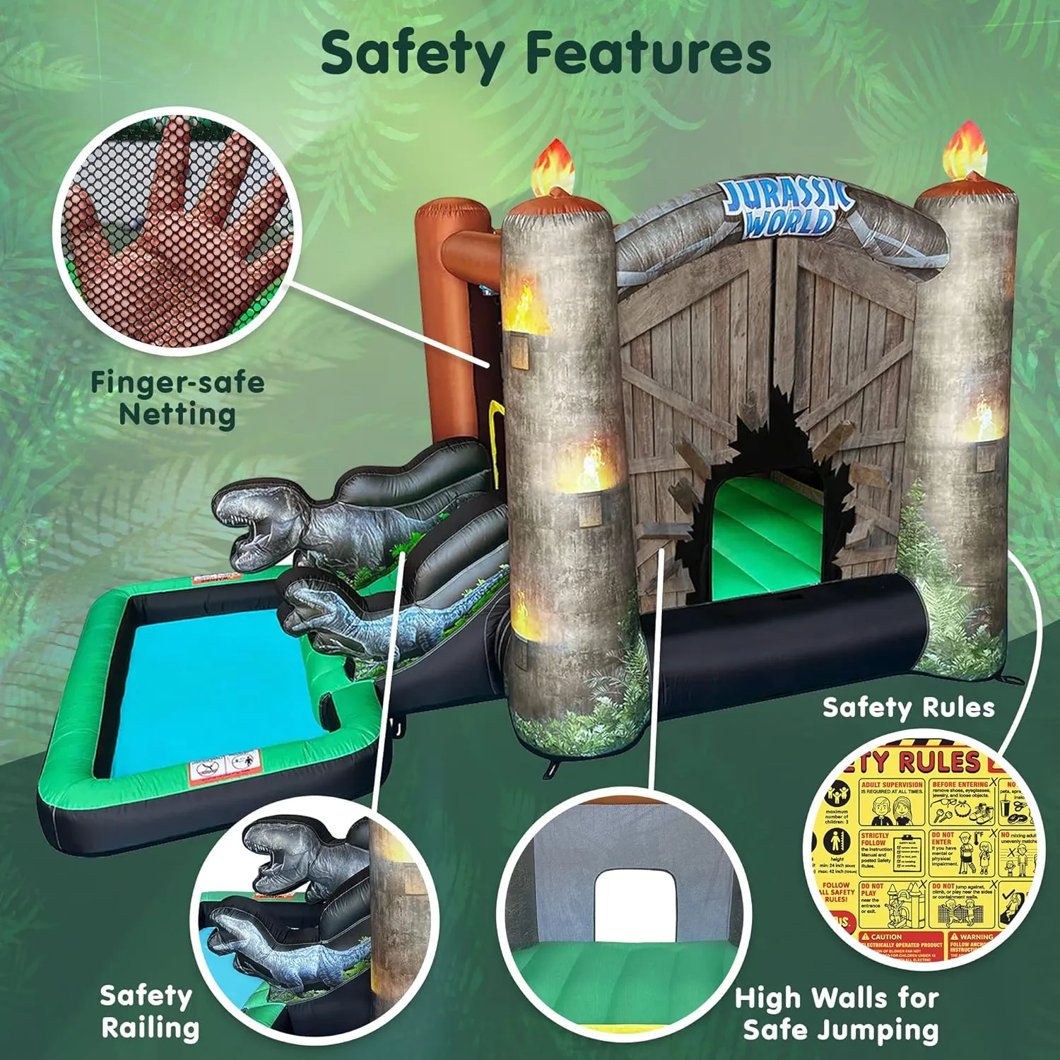 Jurassic World Dinosaur Bounce House Water Slide with Pool, Indoor Outdoor Bouncy Castle with Ball Pit, Air Blower with GFCI for Kids Ages 3-8