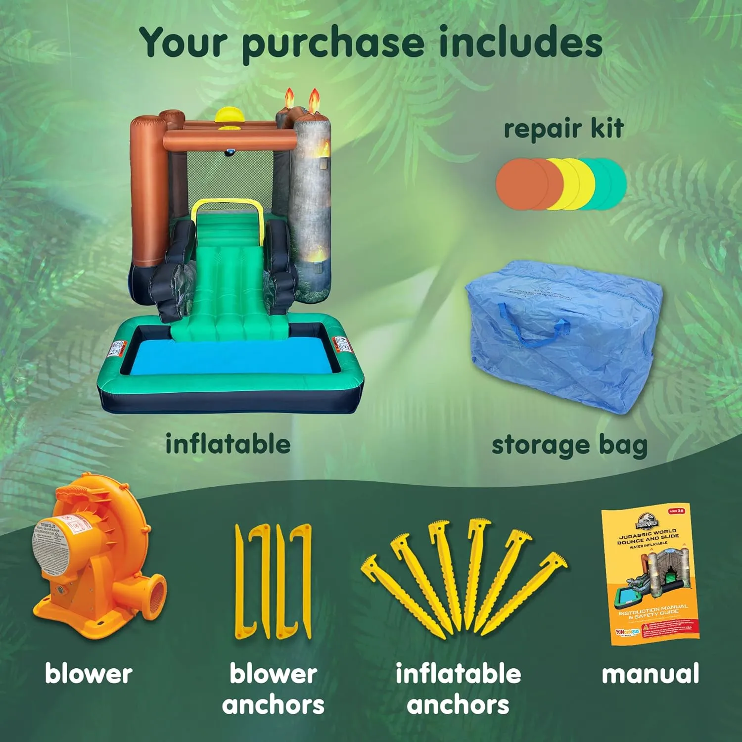 Jurassic World Dinosaur Bounce House Water Slide with Pool, Indoor Outdoor Bouncy Castle with Ball Pit, Air Blower with GFCI for Kids Ages 3-8