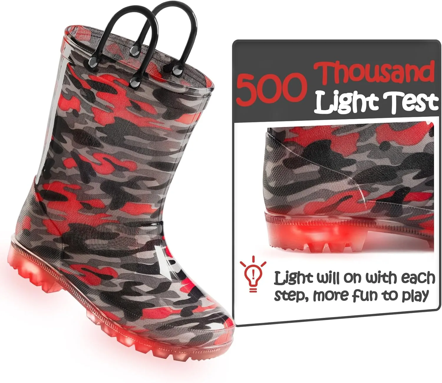 K KomForme Kids Rain Boots, Waterproof Light up Boots with Easy-on Handles