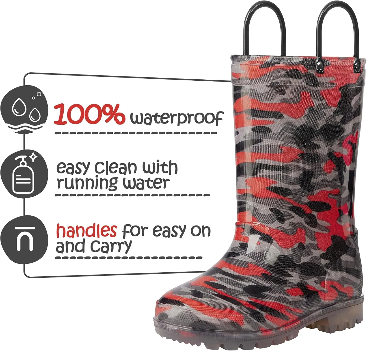 K KomForme Kids Rain Boots, Waterproof Light up Boots with Easy-on Handles