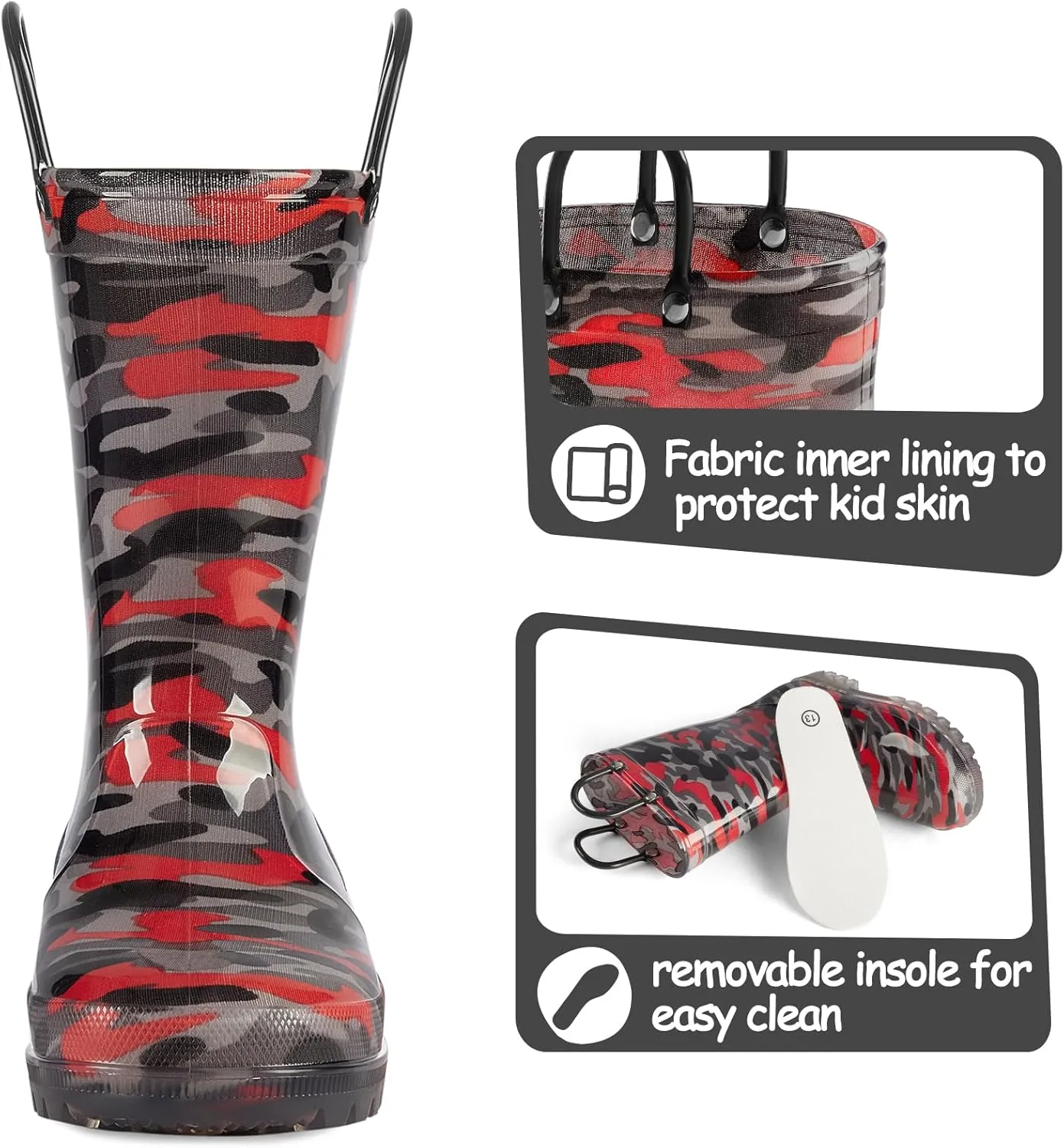 K KomForme Kids Rain Boots, Waterproof Light up Boots with Easy-on Handles