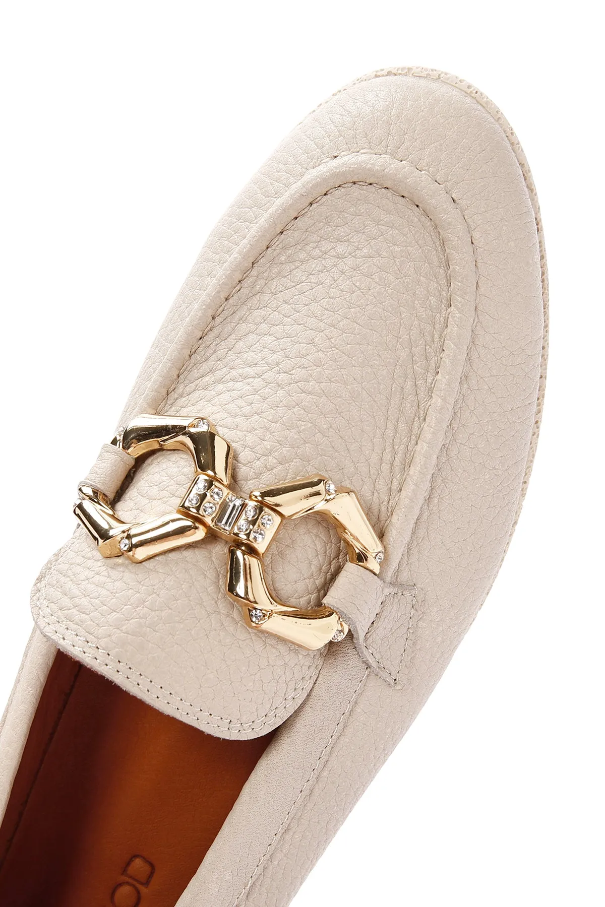 Kadın Krem Deri Maskülen Loafer