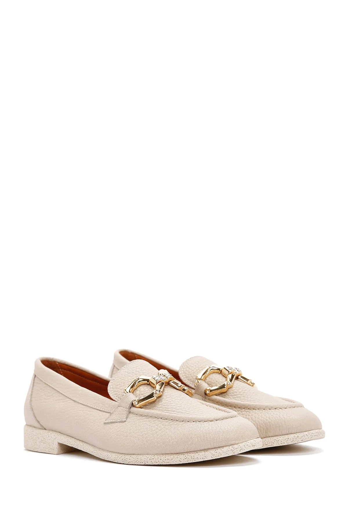 Kadın Krem Deri Maskülen Loafer