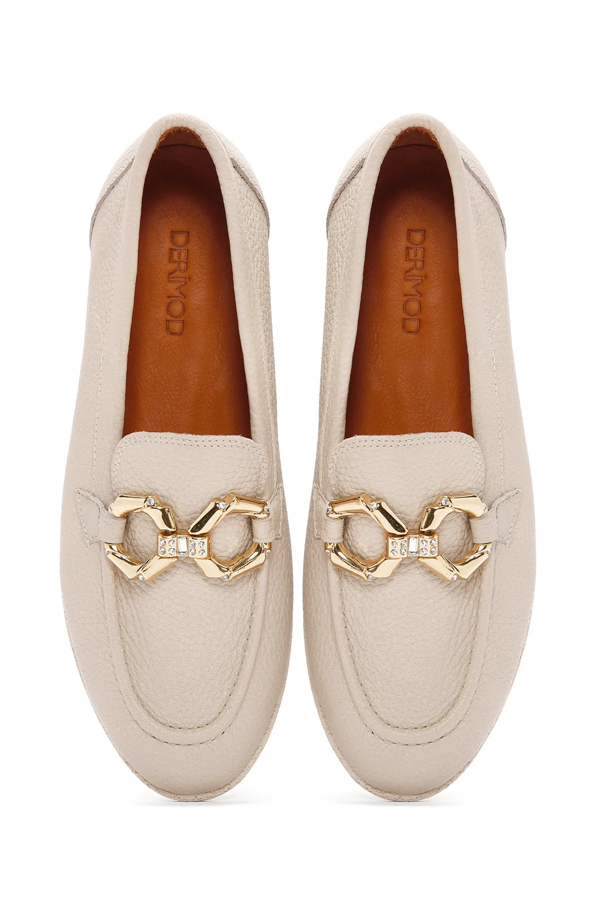 Kadın Krem Deri Maskülen Loafer
