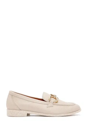 Kadın Krem Deri Maskülen Loafer