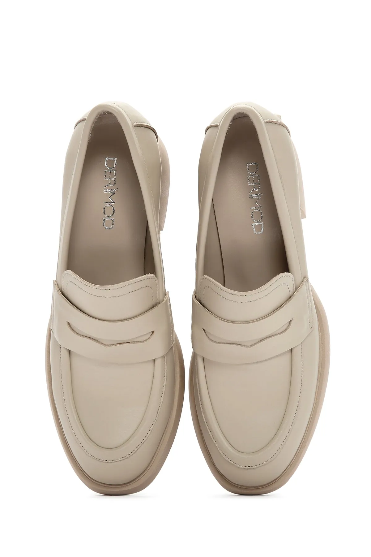 Kadın Krem Kalın Topuklu Deri Maskülen Loafer