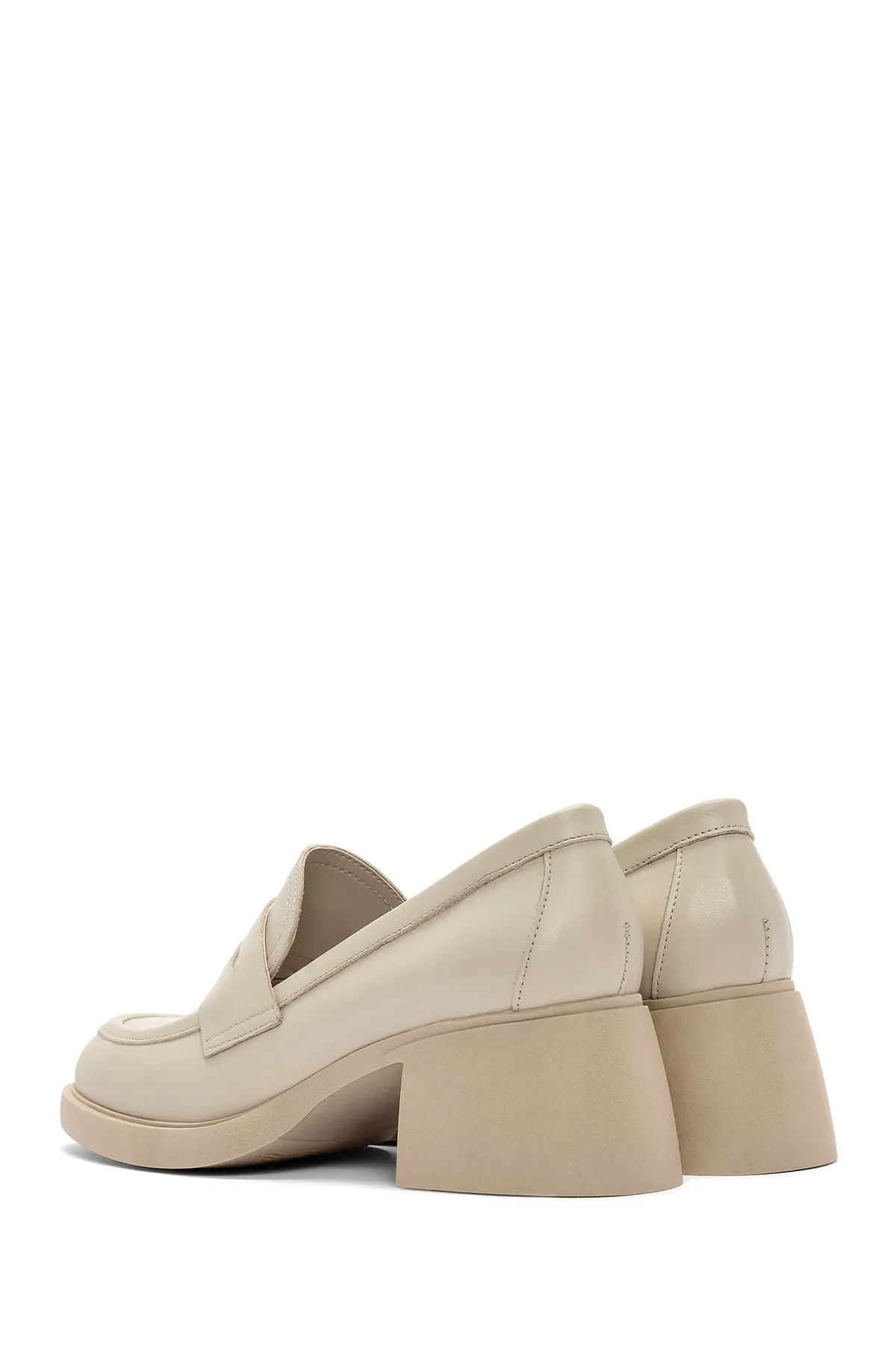 Kadın Krem Kalın Topuklu Deri Maskülen Loafer