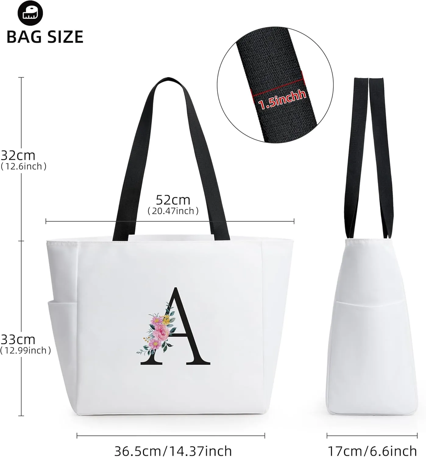 KALIDI Personalized Beach Tote Bag, Initial Alphabet Gift Zipper Grocery Bag for Mom Teacher Friend Wedding Daily Shopping