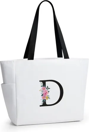 KALIDI Personalized Beach Tote Bag, Initial Alphabet Gift Zipper Grocery Bag for Mom Teacher Friend Wedding Daily Shopping