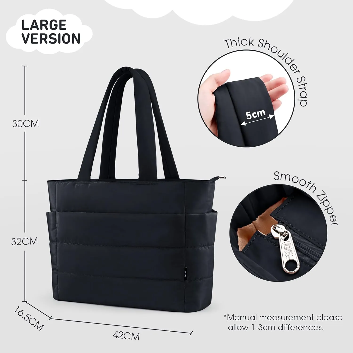 KALIDI Quilted Tote Bag, Carryall Puffer Messenger Laptop Bag Padded Shoulder Large Anti Splash Zipper Casual Work Gym Wome