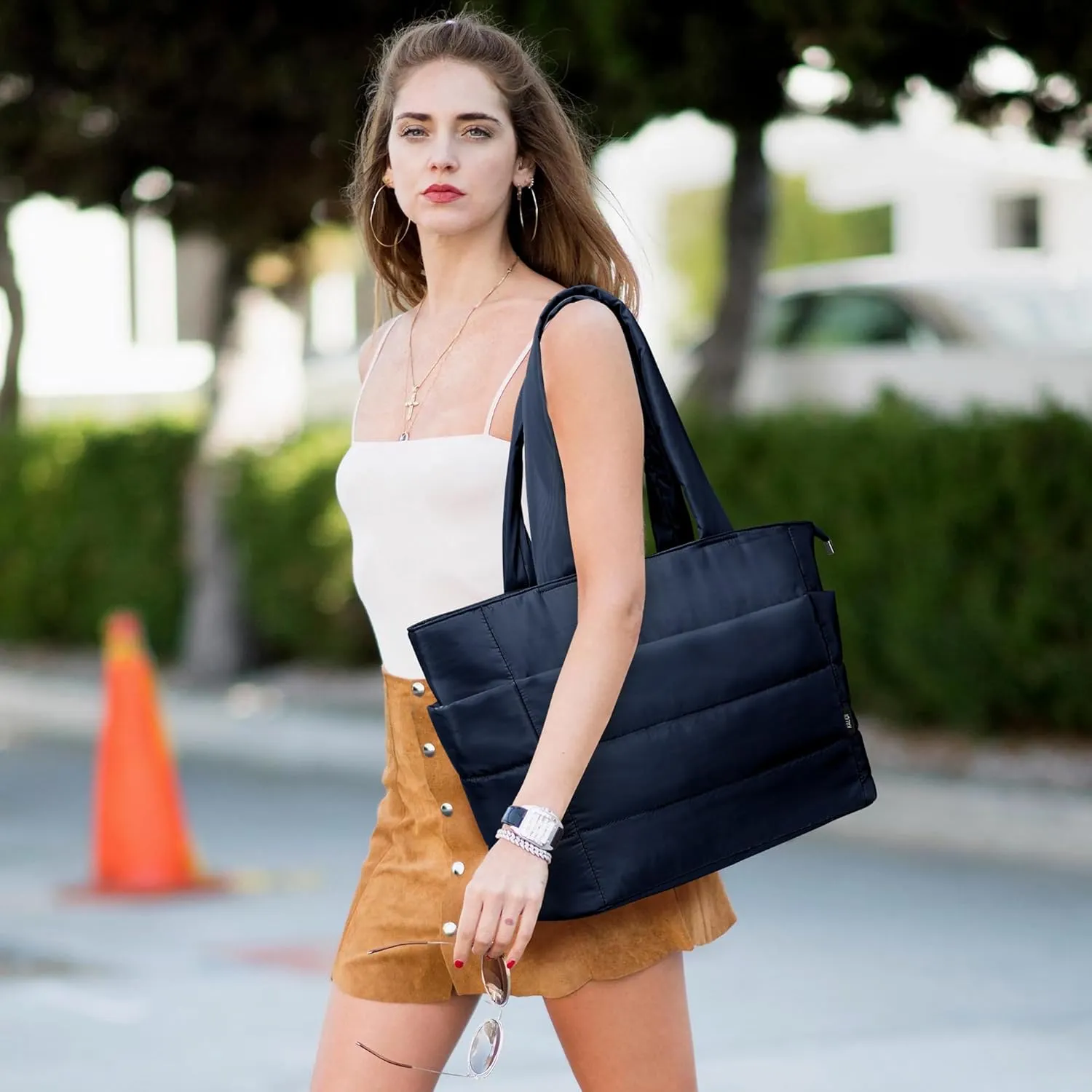 KALIDI Quilted Tote Bag, Carryall Puffer Messenger Laptop Bag Padded Shoulder Large Anti Splash Zipper Casual Work Gym Wome