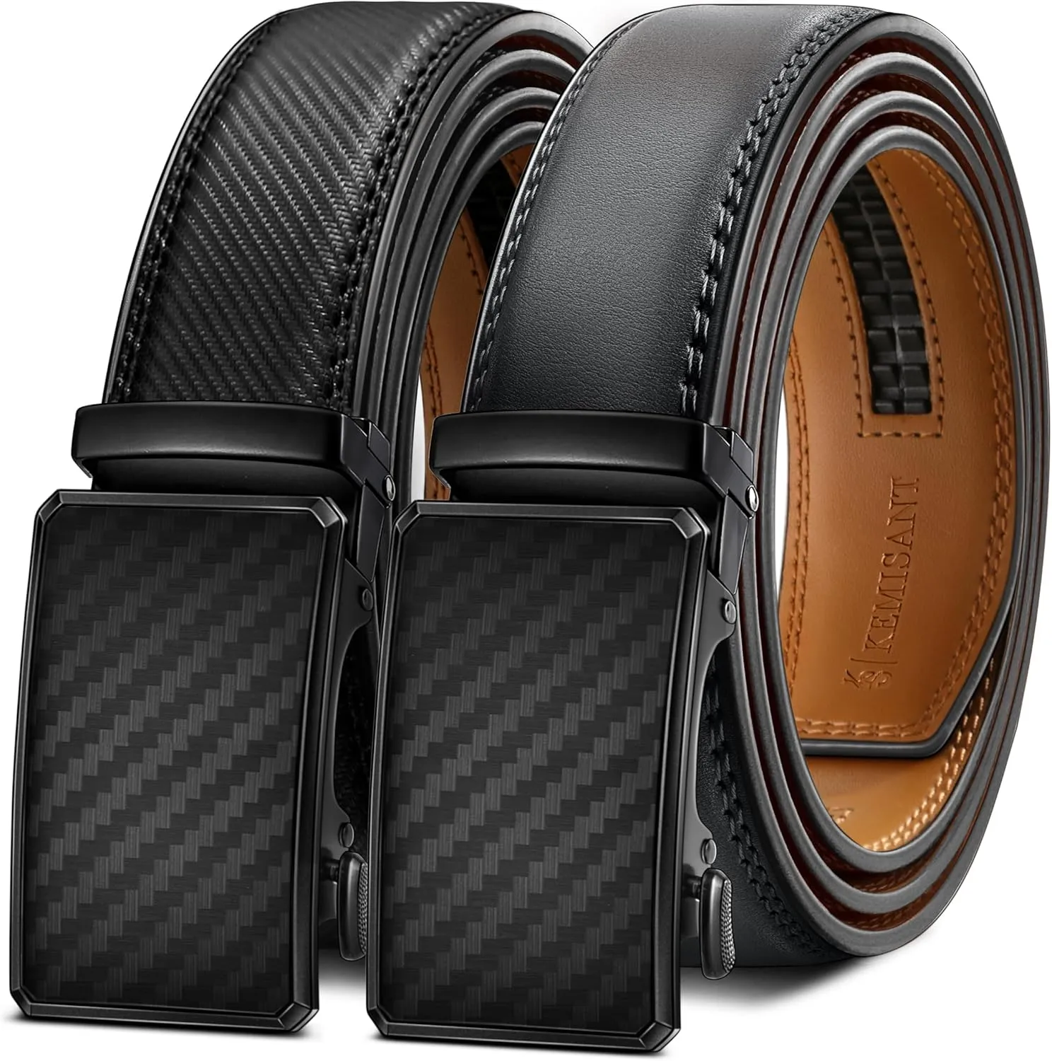 KEMISANT Men Belt 2 Pack, Leather Ratchet Belt Easy Click Slide For Men 1 3/8",Cut for Fit