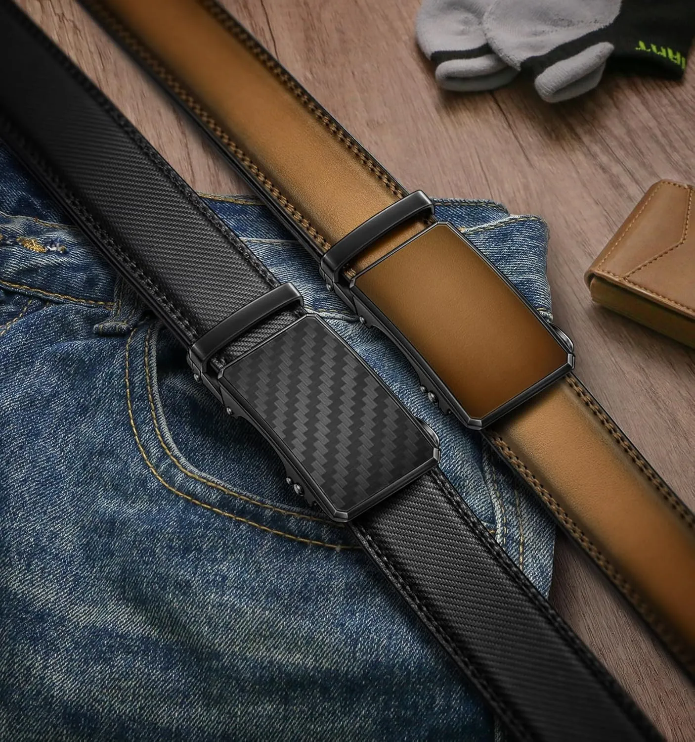 KEMISANT Men Belt 2 Pack, Leather Ratchet Belt Easy Click Slide For Men 1 3/8",Cut for Fit