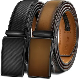 KEMISANT Men Belt 2 Pack, Leather Ratchet Belt Easy Click Slide For Men 1 3/8",Cut for Fit