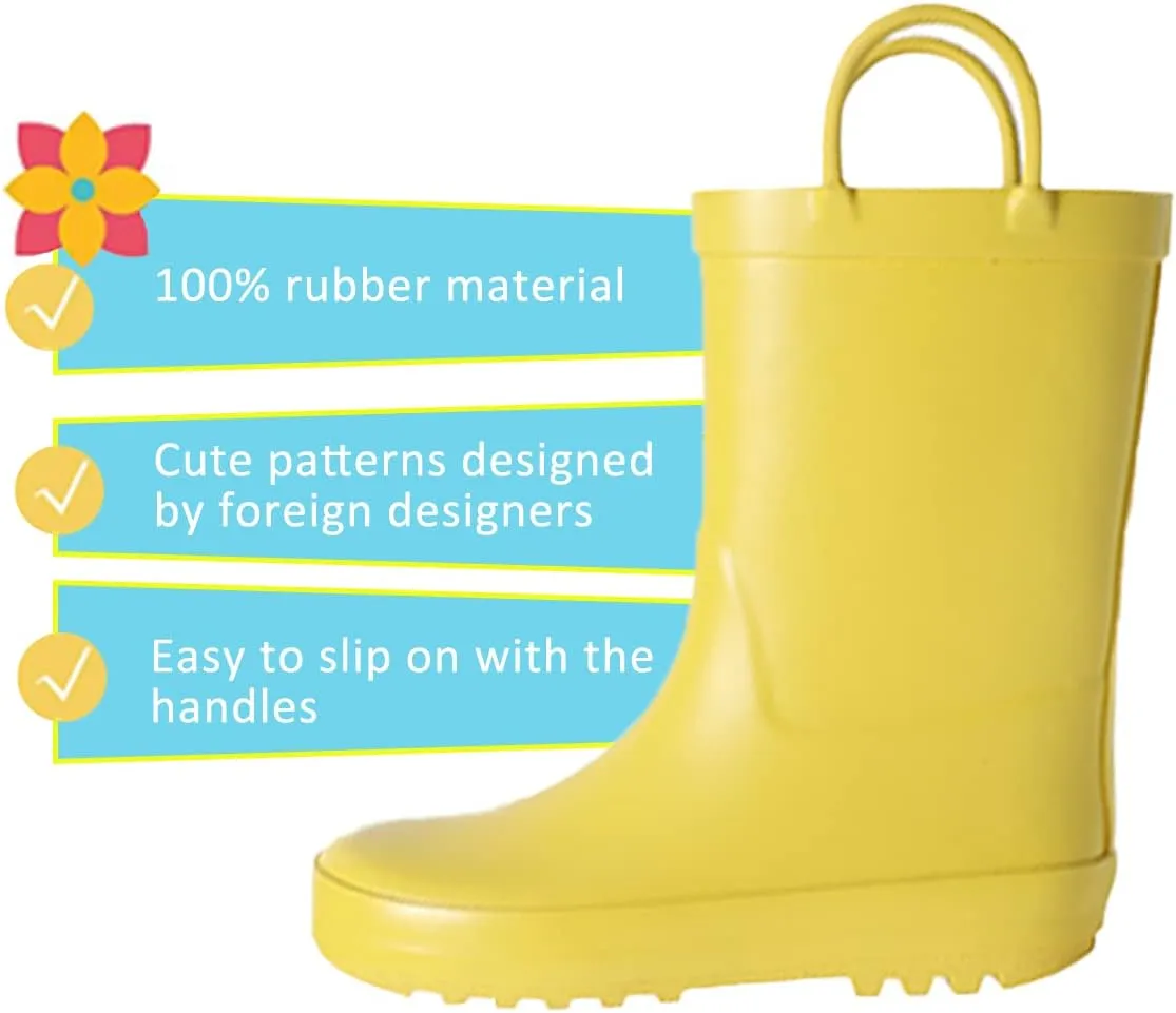 Kids Rain Boots - Toddler Waterproof Rubber Kids Rain Boots for Girls and Boys with Fun Patterns and Easy-On Handles