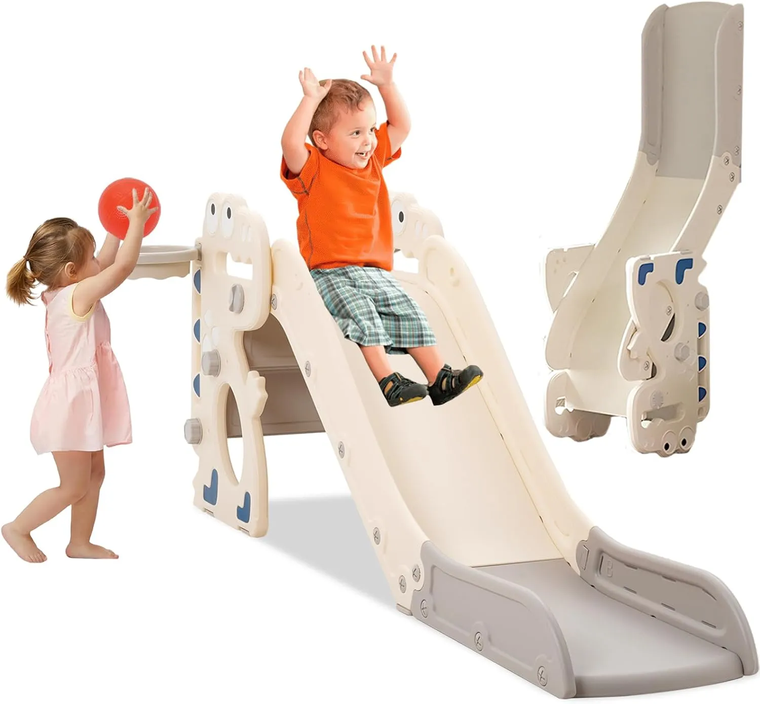 Kids Slide for Toddlers Indoor Baby Slide Outdoor Climber Freestanding Playset with Basketball Hoop & Ring Game- Dinosaur Shape