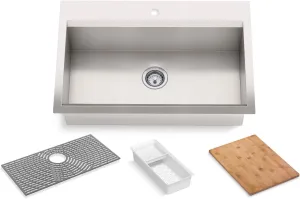 KOHLER Task 33" Top-/Undermount Single-Bowl Workstation Kitchen Sink, Includes Accessories, Stainless Steel, 1 Faucet Hole, K-80084-1PC-NA