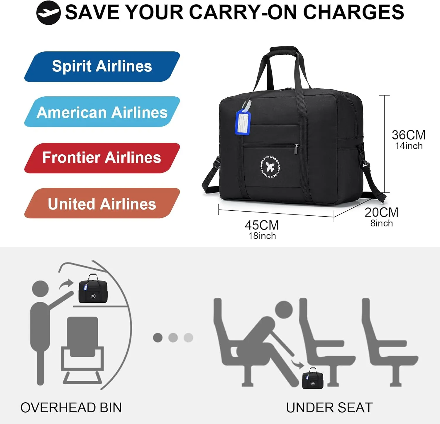 KSIBNW Travel Duffel Bag For Spirit Airlines Personal Item Bag 18x14x8 Inch Carry on Luggage Bag for Women and Men Balck and Grey