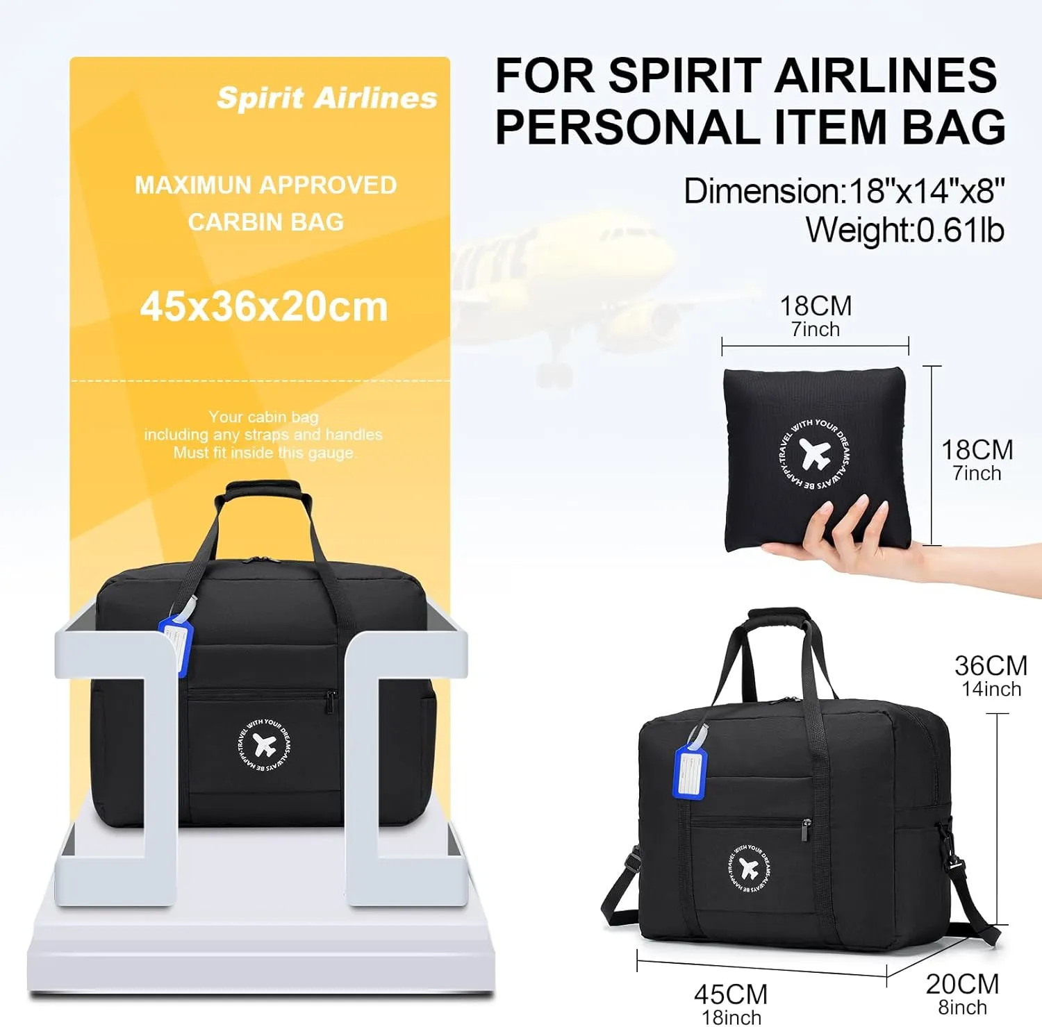 KSIBNW Travel Duffel Bag For Spirit Airlines Personal Item Bag 18x14x8 Inch Carry on Luggage Bag for Women and Men Balck and Grey