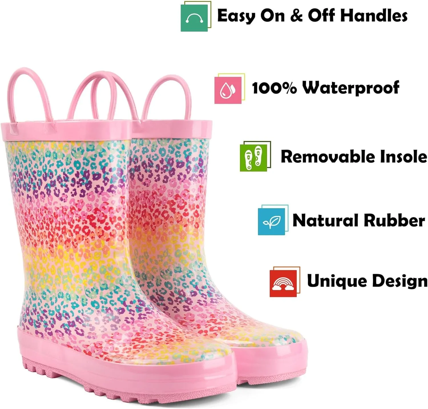 landchief Toddler Rain Boots, Kids Rain Boots Waterproof Rubber Boots for Girls and Boys with Fun Patterns and Easy-On Handles