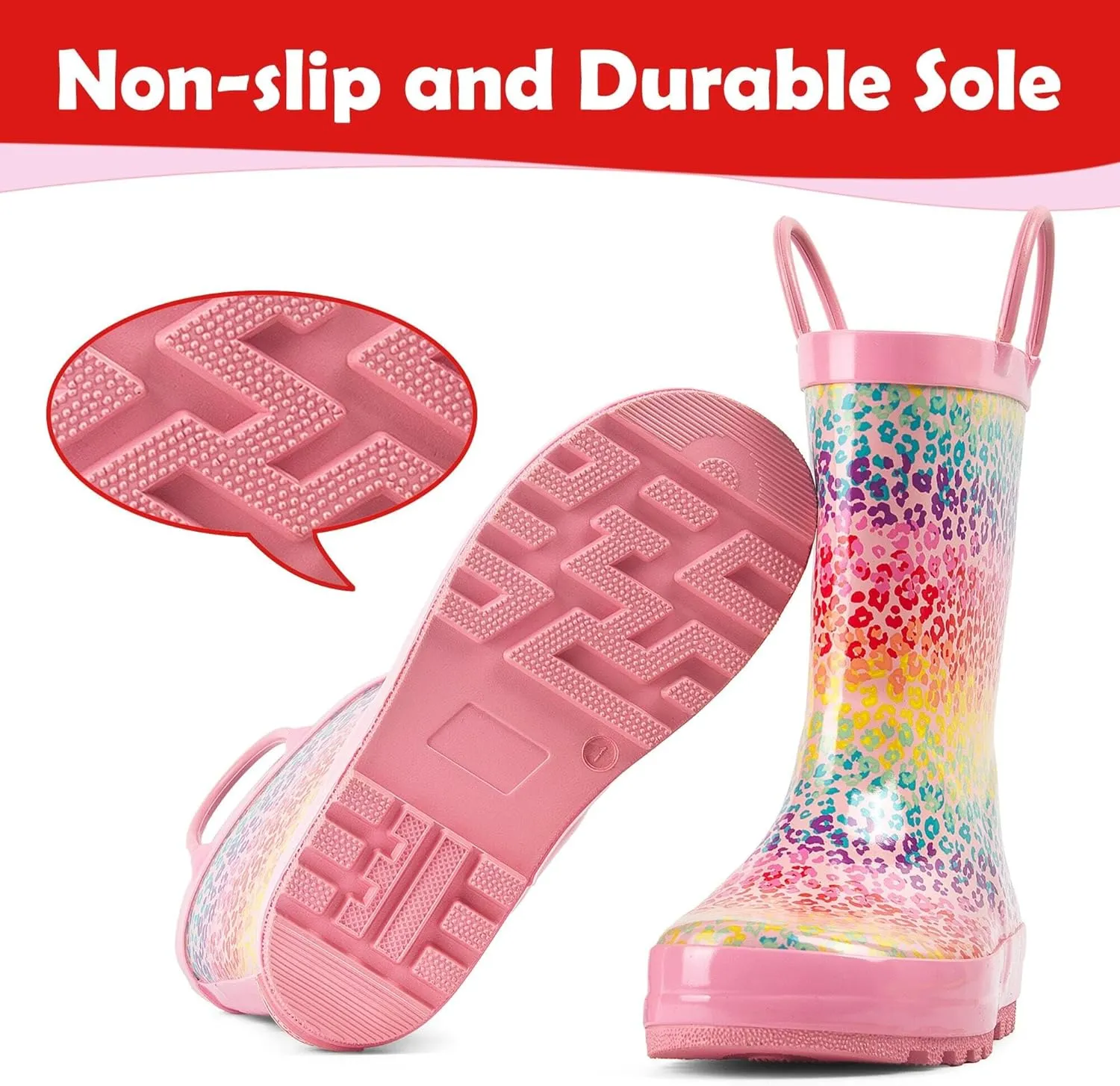 landchief Toddler Rain Boots, Kids Rain Boots Waterproof Rubber Boots for Girls and Boys with Fun Patterns and Easy-On Handles